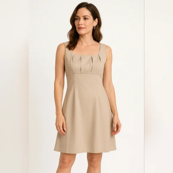 New Olivia Mathews Beige A-Line Dress Square Neck Minimalist Modest Sundress 6P - Picture 1 of 9